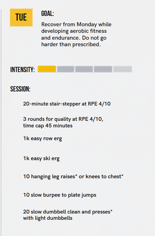 Tuesday session from the 6-Hour Hybrid Training Week, showing the goal, intensity bar and RPE 4/10 session